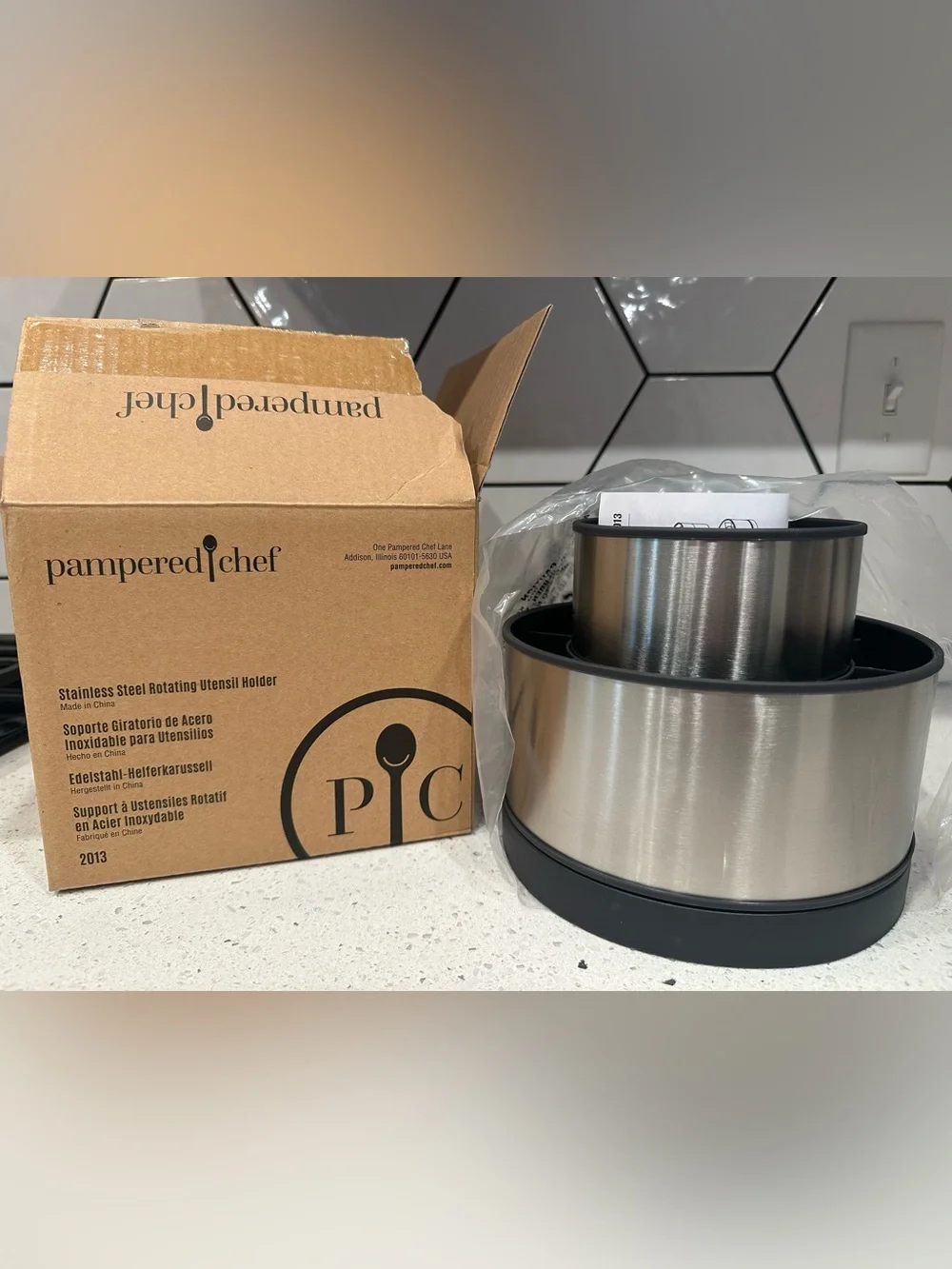 Pampered Chef Stainless Steel Rotating Utensil Caddy with Black Base